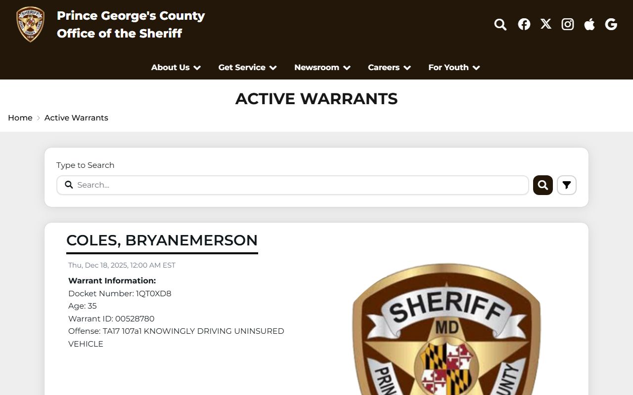 Prince George's County sheriff warrant photos not jail roster mugshots